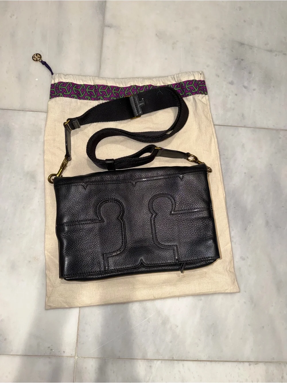 Tory Burch Black Pebbled Leather Crossbody Bag with Adjustable Strap
